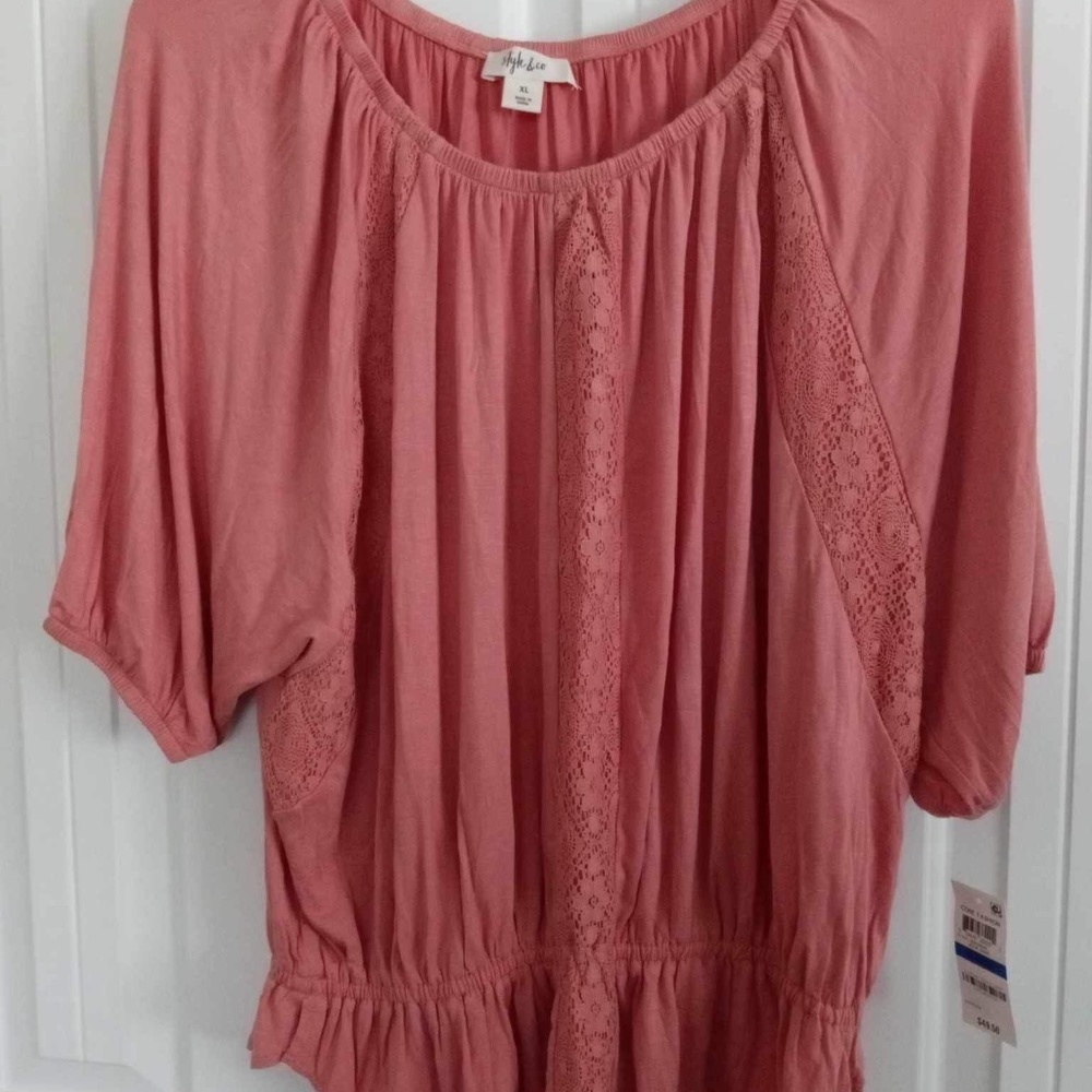 NWT Style & Co Pink Coral Lace 3/4 Sleeve Peplum Waist Top Size XL Plus